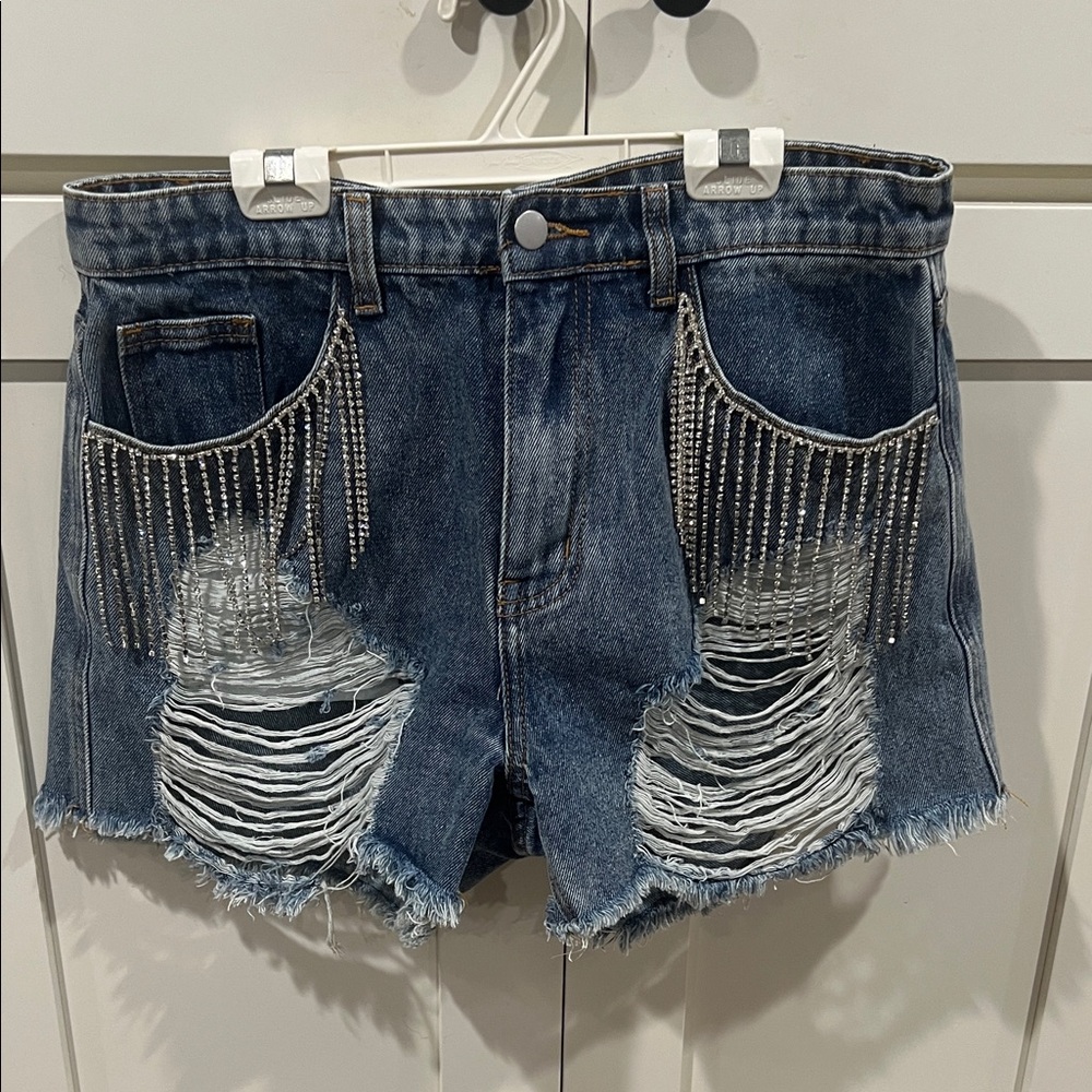 POL Denim Rhinestone Fringe Distressed Shorts - Picture 4 of 6